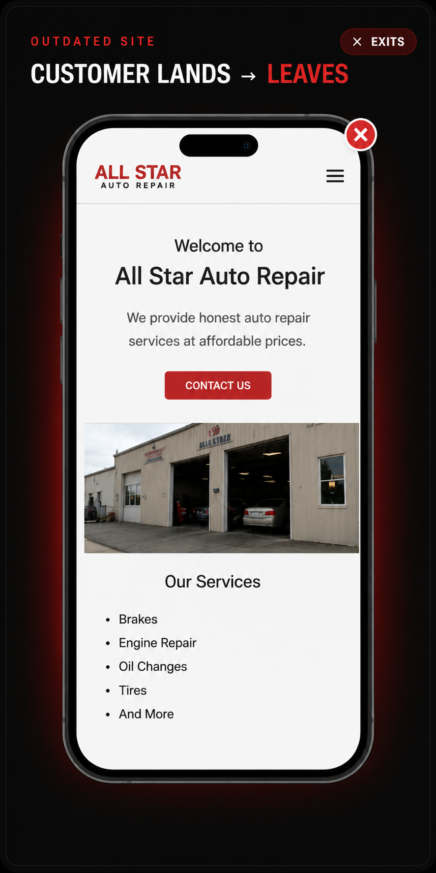 Outdated site — customer lands and leaves