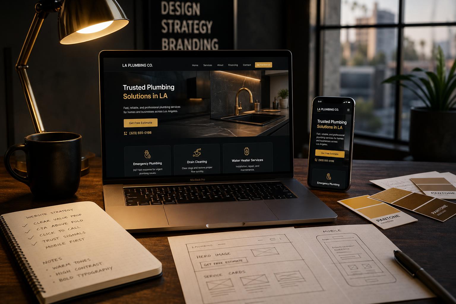 Premium digital design studio workspace with laptop website redesigns and mobile mockup